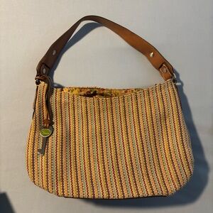 Fossil Canvas Leather Striped multicolor Shoulder Bag Women’s with key bag charm